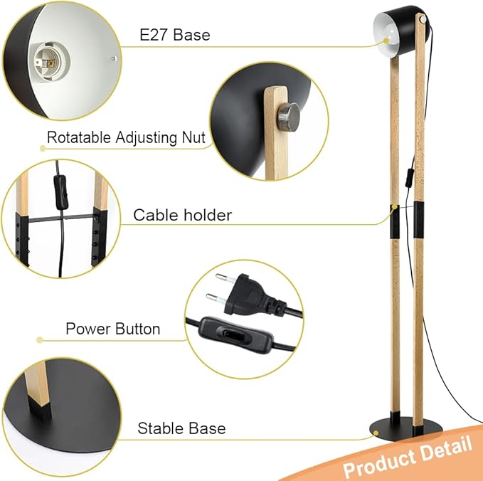 Depuley Modern Floor Lamp, Wooden and Metal Floor Lamps for Living Room, 360° Heads Rotatable Standing Light with Pressure Switch, Reading Lamp for Bedroom Office Decoration, E26 Bulb Included