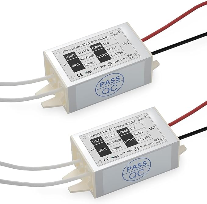 DC 12V Power Supply Driver Transformer - 15W Waterproof IP67 120VAC to 12V DC Converter Constant Voltage Switching Power Supply for LED Strip Lights, G4 MR11 MR16 Display (2-Pack)