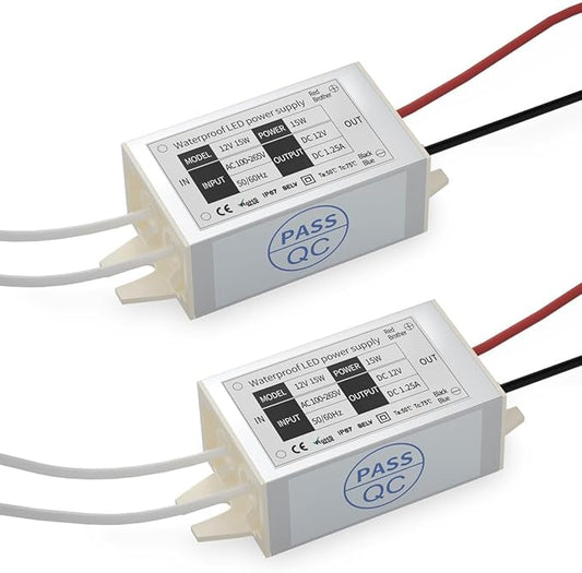 DC 12V Power Supply Driver Transformer - 15W Waterproof IP67 120VAC to 12V DC Converter Constant Voltage Switching Power Supply for LED Strip Lights, G4 MR11 MR16 Display (2-Pack)