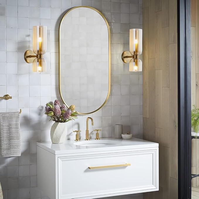 Sconces Wall Lighting Gold Wall Sconce Set of Two 2-Light Vintage Bathroom Vanity Light with Amber Shade Satin Brass Finish for Living Room Corridor (Gold+Amber)