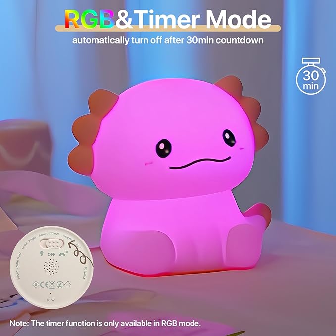 Cute Axolotl Night Light for Kids Rechargeable, Battery Operated Nightlight 3 Level Dimmable with RGB&Timer, Silicone Touch Nursery Lamp for Baby Girls Boys Bedroom Gifts