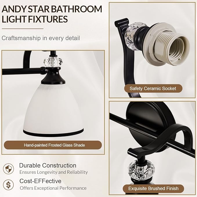 ANDY STAR Modern Bathroom Light Fixtures, 4-Light Vanity Lights, 28 inch Farmhouse Wall Sconces, Black Wall Lamp with Milky Glass, Well-Made Bathroom Lighting Fixtures Over Mirror for Living Room