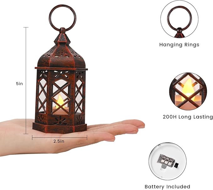 LLQ 8Pack Mini Lantern Decorative for Ramadan & Wedding, Small Vintage Moroccan Lantern with Flickering LED Candle for Halloween Table Centerpieces, Enchanted Forest Medieval Decor, Hanging Ornament