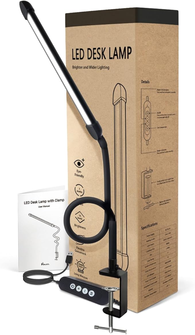 LED Desk Lamp with Clamp, Clamp Light with Adjustable Color Modes, Clip on Light with Long Flexible Gooseneck, Eye Care Lamp Clamp for Study, Work, Home, Office, Black, 12W