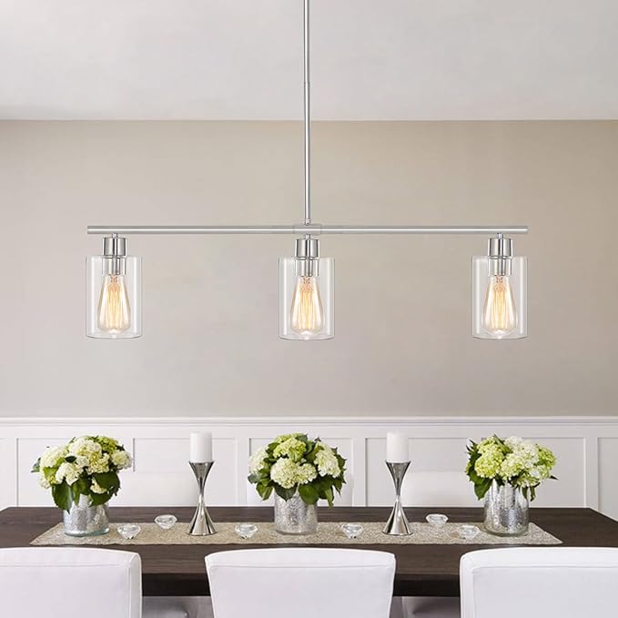 ETONIMERR Brushed Nickel Glass Pendant Lighting Over Island 3 Light Modern Kitchen Pendant Light with Glass Shade Industrial Linear Pendant Lighting for Kitchen Island