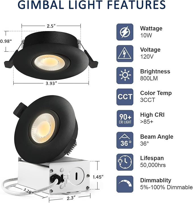 Sublimation Black 4 Packs 3 Inch led recessed Light 10w,3 Colors Adjustable 3000K/4000K/5000K,Waterproof recessed Lights for Shower,Suitable for Bathroom,Parlor,Bedroom,Kitchen,Balcony