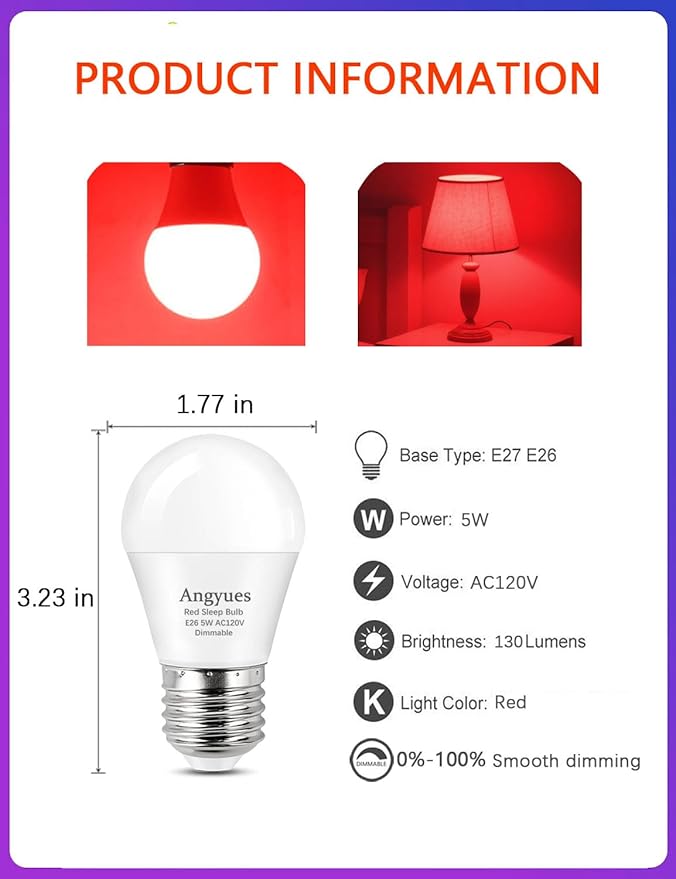 630nm Red Sleep Bulb Dimmable, 100% Blue Light Blocking, Promotes Melatonin Production, E26 A15 LED 5W Red Dim Night Light for Baby's Bedroom, Sleeping, 4Pack