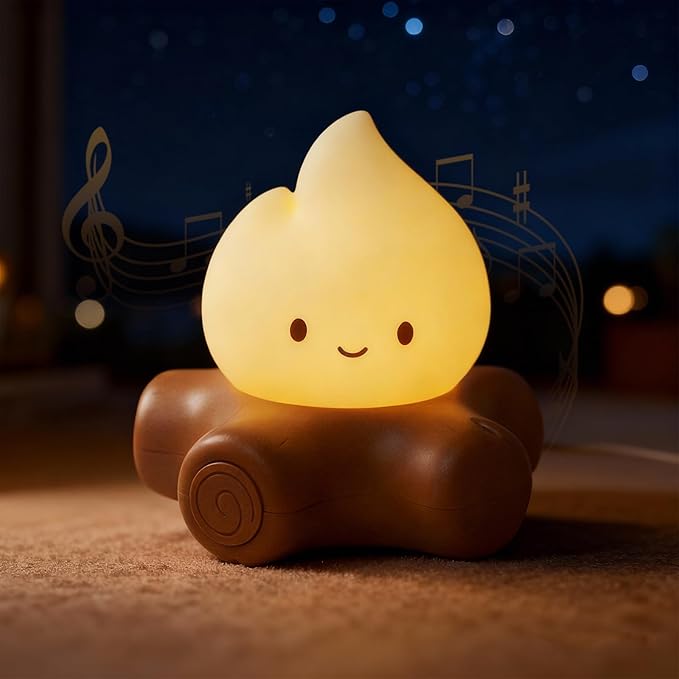 Cute Fake Campfire Lamp with White Noise, 5 Soothing Sounds & Flickering Flame Light, Rechargeable Portable Night Light for Sleep, Relaxation, Camping Decor & Gifts (White Noise Version)