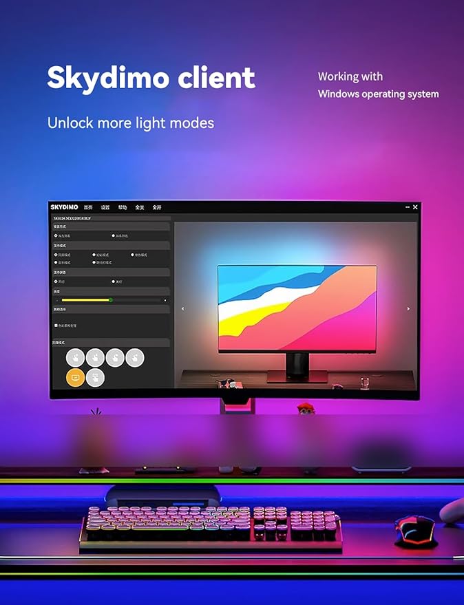 RGB Backlight for PC & Mac, LED Strip Light Sync with Screen Color or Music, Stick to The Edge of Your Desk, LEDs for Desk Gaming, USB Port, Software Control, 7.88ft / 2.4m