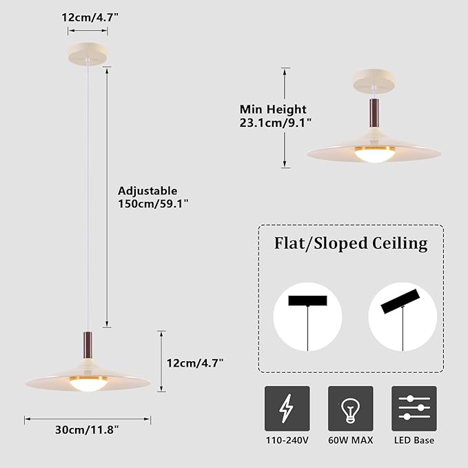 Farmhouse White Pendant Light, LED Base Dome Dimmable Pendant Light Indoor, Modern Height Adjustable Dining Hanging Lamp for Hotel Bar Kitchen Island Hallway Entryway