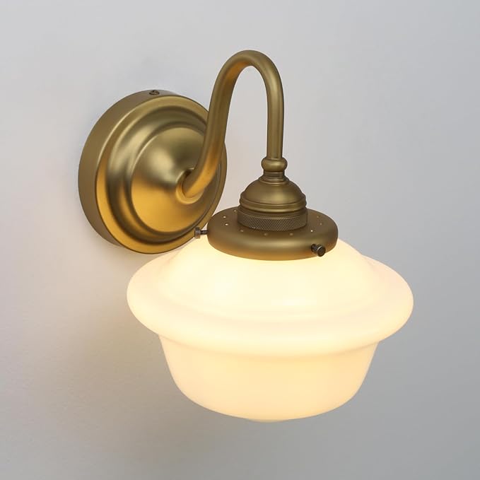 Pathson Vintage Wall Sconce with Milk White Glass, Hardwired Gooseneck Wall Vanity Light Bathroom Sconce Fixture for Living Room, Foyer, Loft, Bedroom, Farmhouse Lamp