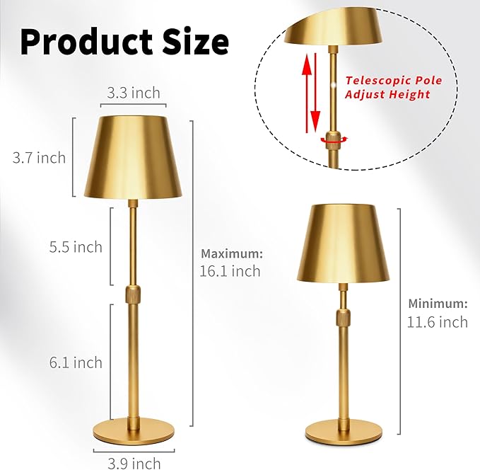 Mr.White Outdoor Waterproof Rechargeable Cordless Table Lamp with Telescopic Pole & Wicker Shade, 5200mAh Battery Operated Table Light with Touch Control, for Patio Restaurant Kitchen (Gold)
