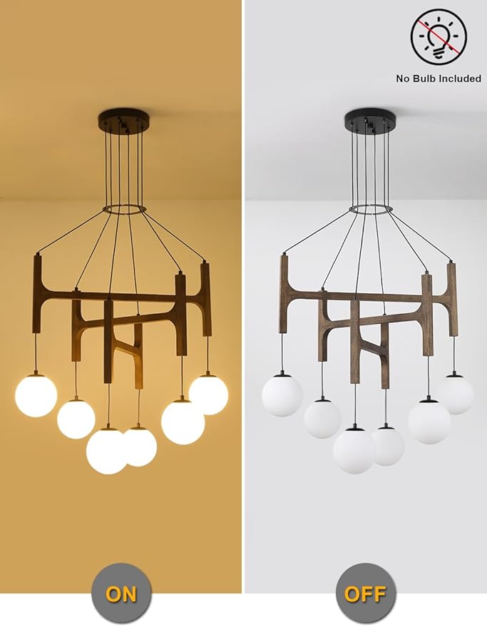 Large Black Farmhouse Wood Chandelier, 6-Lights Rustic Dining Room Light Fixtures Over Table Hanging, Industrial Milk Glass Globe Chandelier for Kitchen Island Living Entryway Stairwell