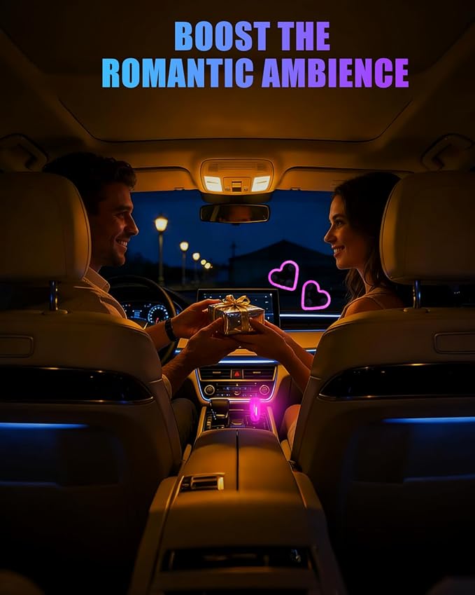 Valentines Day Decorations Car LED Interior Lights, Solar & Type-C Rechargeable Heart-Shaped Car Ambient Lights, 2 PCS Heart Lights & 2 PCS Mini USB Lights, Pink Car Decorations