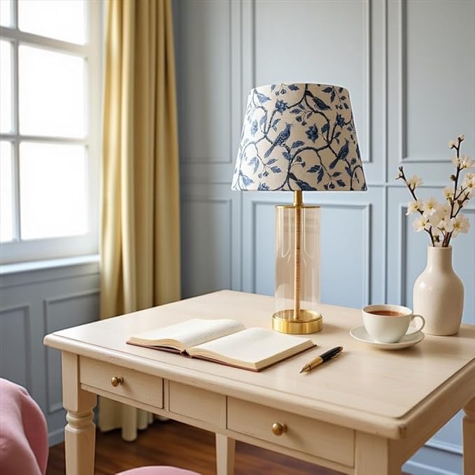 Tristan Home Blue & White Chinoiserie Empire Lamp Shade – 14" Bottom x 10" Height – Textured Velvet Bird Floral Pattern – Spider Fitter Replacement Shade