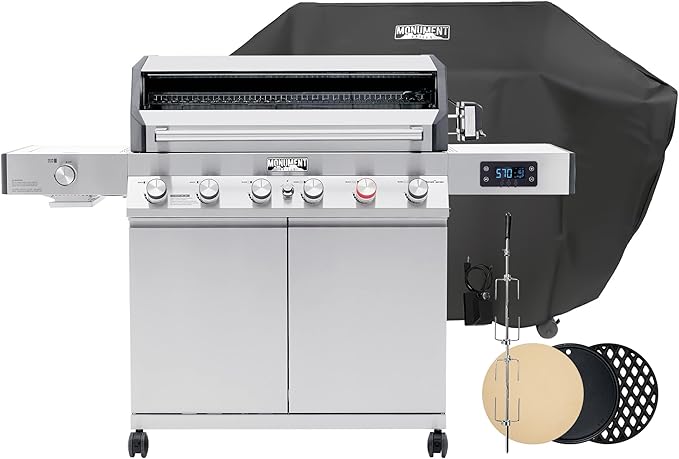 Monument Grills 6+1 Burner Smart Propane Gas Grill, Denali 605Pro Stainless Steel Grill 78,000 BTU Outdoor Barbecue Grill with Side Burner, Pizza Stone, Round Cooking Plate & Grid, Cover, Rotisserie