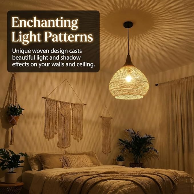 Rattan Pendant Light, 15.7" Rattan Chandelier Hand-Woven Boho Pendant Light Fixtures with Solid Wood, Basket Wicker Chandelier for Dining Room Kitchen Island Living Room