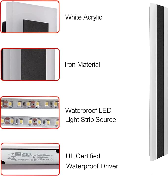 Outdoor Long Strip Modern LED Wall Lighting Fixture Lamps, Elegant Frosted White Acrylic, Black Aluminum Body IP65 Waterproof Anti Rust (Cold White, 48inch)