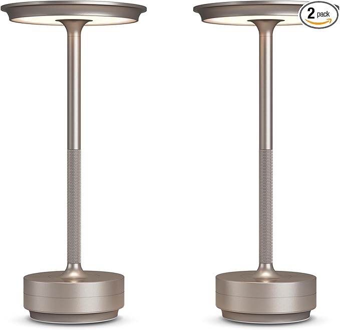 2 Pack Rechargeable Cordless Table Lamps, 5000mAh Portable LED Table Light, 3 Color Stepless Dimming Battery Powered Metal Table Lamp for Outdoor/Home/Restaurant.(Champagne Gold)