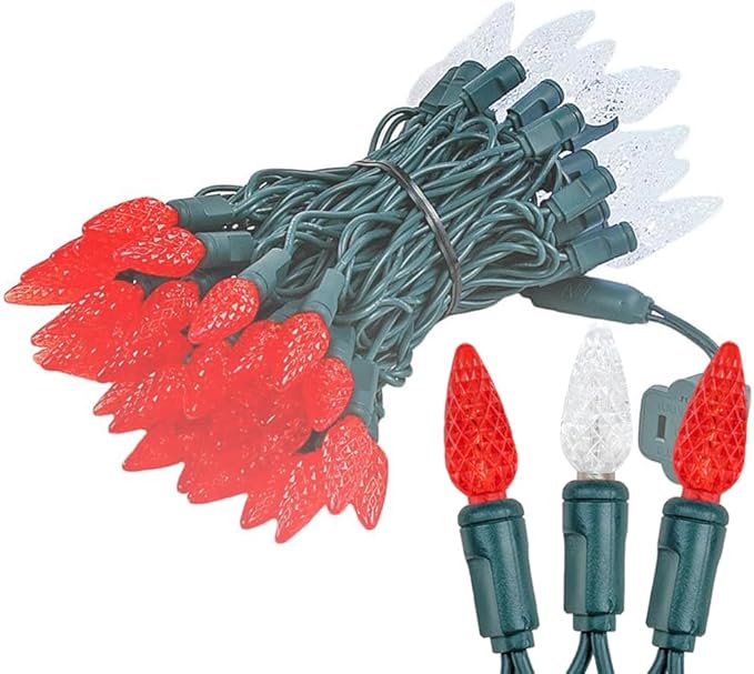 Novelty Lights 24FT 70 LED C6 Christmas String Lights, Outdoor Commercial Grade Tree Decorations, Permanent LED Lights (Red/Pure White)