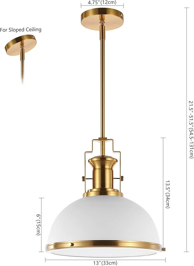 JONATHAN Y 13" Brass Gold/White Modern Industrial Iron LED Dome Pendant Light, Adjustable Hanging Fixture for Kitchen Island or Entryway, Black Metal Shade, LED Bulb Included (JYL9536D)