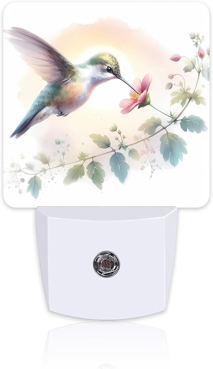 Groovy Hummingbird Flower Night Light for Kids, Watercolor Floral Bird Night Light Plug in with Dusk to Dawn Sensor, 0.5w Energy Saving Sleep Friendly Nightlight for Hallway Stairway Kitchen Bedroom