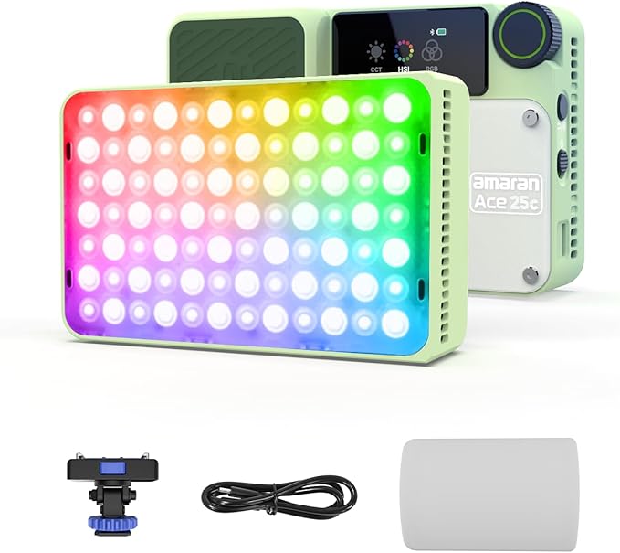amaran Ace 25c Video Light,25w RGB Portable Light for Photography On-Camera Video Lights CRI/TLCI 95+,CCT 2,300K-10,000K,Rechargeable Dimmable Vlog Light,APP Control,PD Charging (Green)