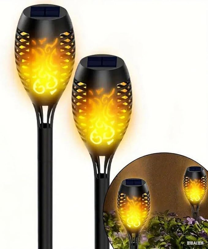 LED Solar Flashing Flame Lights, Automatic Switch, Waterproof, Rechargeable, Holiday Atmosphere Lighting and More uses (Affordable 2-Pack)