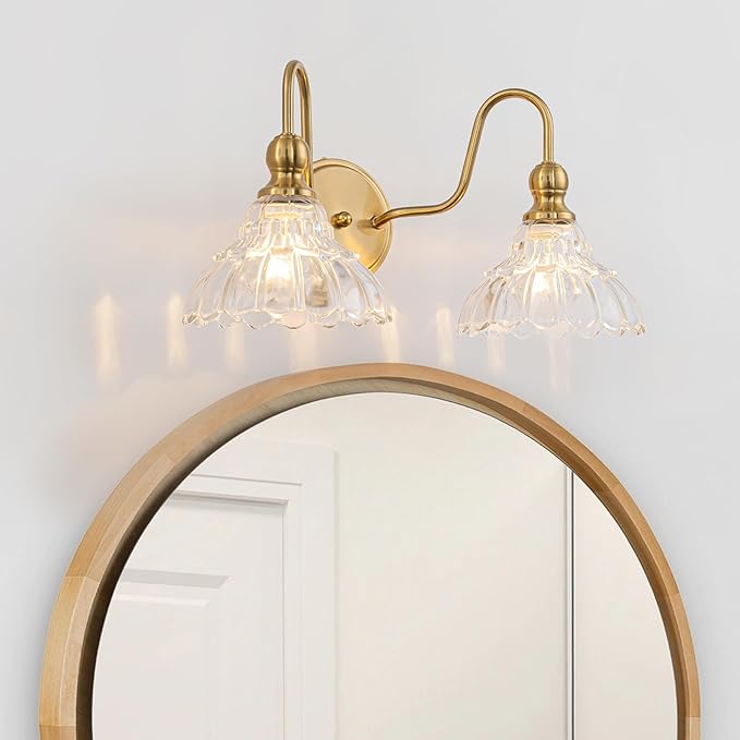 Vintage Bathroom Light Fixtures Over Mirror, 2-Light Brass Wall Sconce Lighting with Flower Glass Shade, Farmhouse Vanity Lights for Bedroom Kitchen Living Room Hallway Light