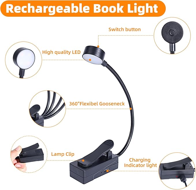 KunHe 15 Pack Rechargeable Book Light Bulk Clip-On Reading Lights for Books in Bed Long-Lasting 3 Modes & 3 Brightness Levels Compact USB Charging Mini Booklights for Kids Book Lovers Bulk Gifts