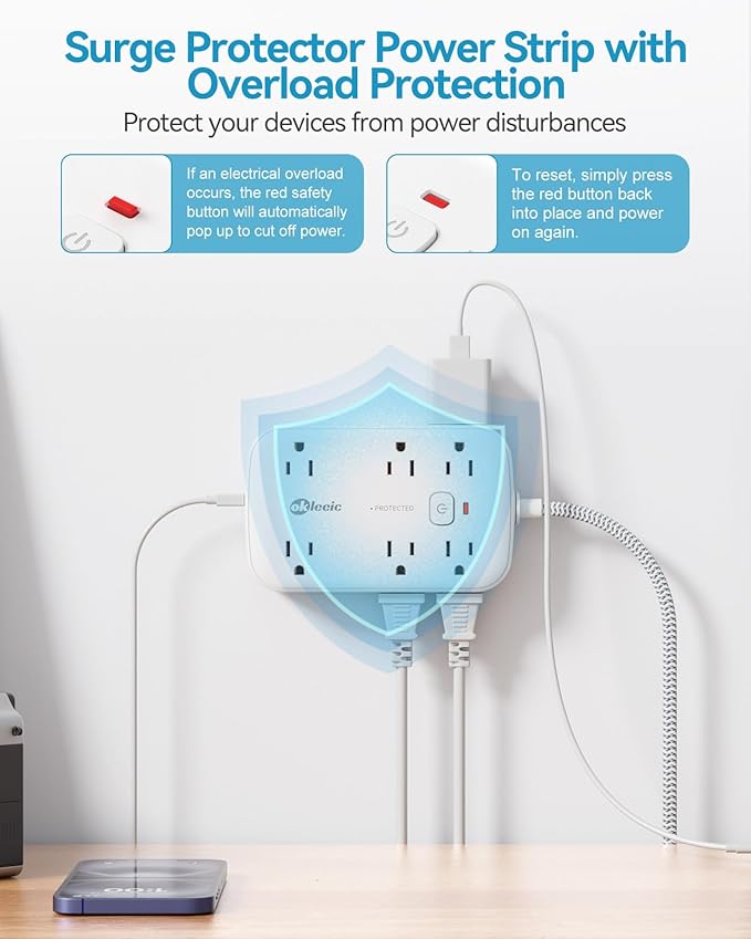 2100J Surge Protector Flat Plug Extension Cord 20 FT with 12 AC Outlets 6 USB Ports 5V/4.8A 24W, 20Ft Long Braided Thin Cord Wall Mount Long Charging Station for Travel Home Office College Dorm