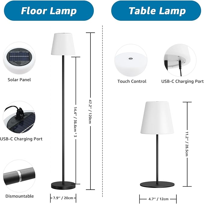 Solar Outdoor Floor Lamp and Table Lamp 2-Piece Set Dimmable Cordless USB Rechargeable RGB Warm White LED Water-Resistant Lights for Yard Garden Patio Balcony