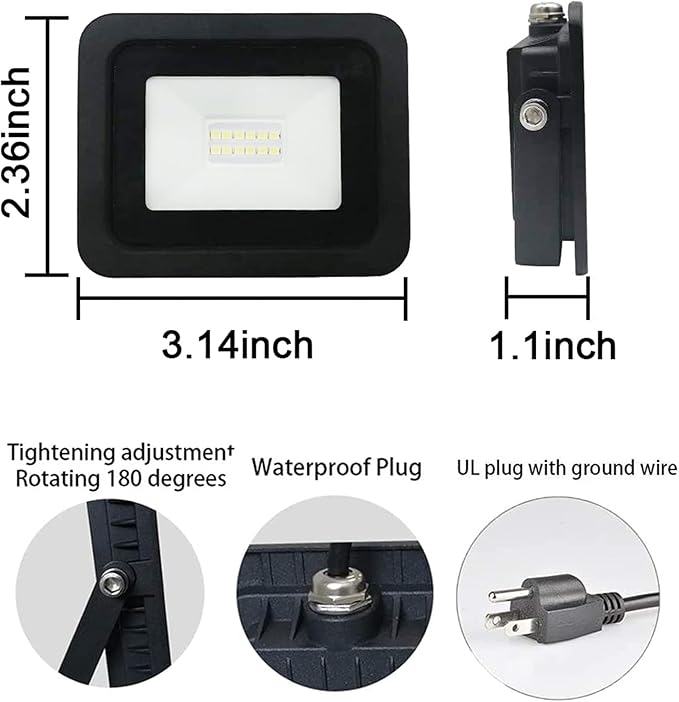 MIWAT 2Pack 10W LED Work Light, 3inch Super Bright Security Lights, IP68 Waterproof Outdoor LED Lamp,Plug in floodlight for Backyard, Badroom, Pathway (Daylight)