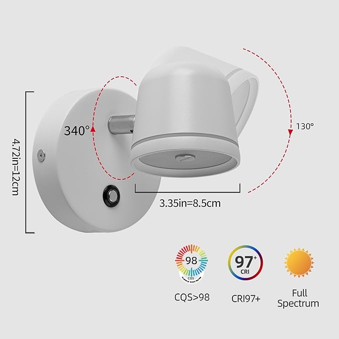 Aisilan Wall Sconce Set of 2, Hardwired Touch Dimmable Wall Light with 3 Color Temperatures, Adjustable 7W LED Wall Lamp CRI97, Modern White Aluminum Sconce for Bedroom Bedside Hallway