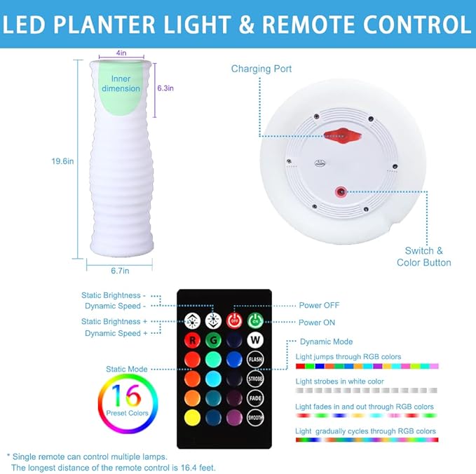 20-inch Cordless LED Lighted Vase w/Remote, Rechargeable LED Vase Night Light Floor Mood Lamp, 16 Colors & 4 Modes Dimmable LED Flower Pot, Waterproof Light Up Planter for Bedroom Path Bar Party Decor