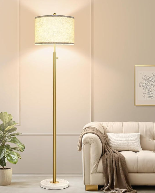 【Upgraded】 Dimmable Floor Lamp for Living Room, 11W LED Bulb Included, Modern Standing Lamp with Marble Base, Tall Pole Light with Linen Shade for Bedroom Reading Office Corner Nursery-Brass Gold
