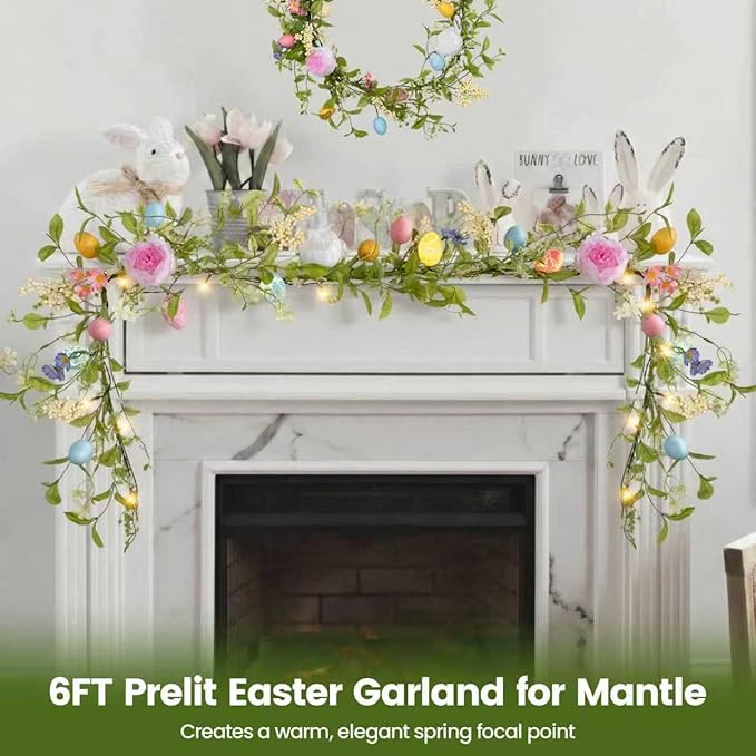 6FT Prelit Easter Garland with 20 LED Lights, Lighted Artificial Easter Egg Garland for Mantle, Battery Operated with 8 Mode Timer – Peony & Berry Accents