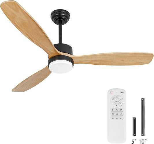 52inches Ceiling Fan with Lights,Wood Downrod Ceiling Fans with Remote Control,Dimmable Light,3 CCT,6 Speeds,Noiseless DC Motor,2 rods,Ceiling Fan for Bedroom,Living Room,Office,Indoor