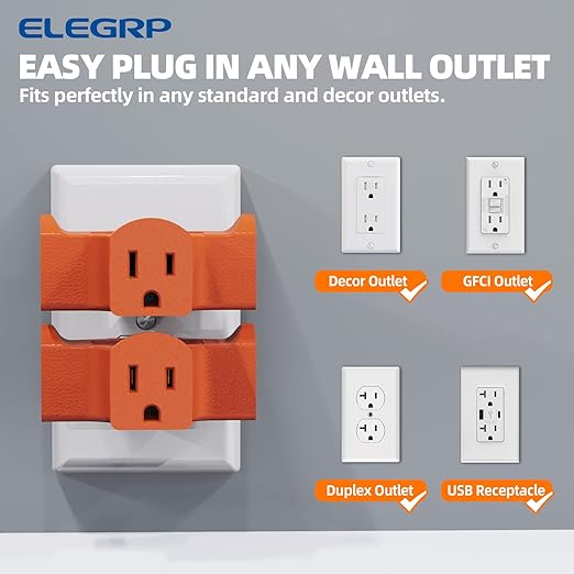 ELEGRP 3-Prong Heavy Duty Power Extender to Triple Outlet in T Direction, Multi-Directional Grounded Wall Tap Outlet Extender with 3 Prong Plug-in, 15-Amp, 125-Volt, ETL Listed, 3 Pack, Orange