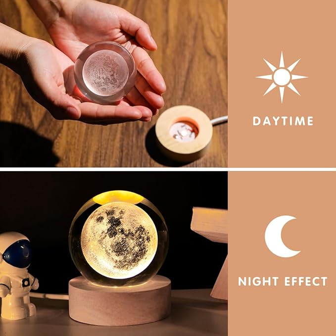 3D Laser Engraved Moon Crystal Ball Lamp, 2.4" Glass Sphere Decorative Balls, Moon Planet Space Globe Night Light Gifts for Women