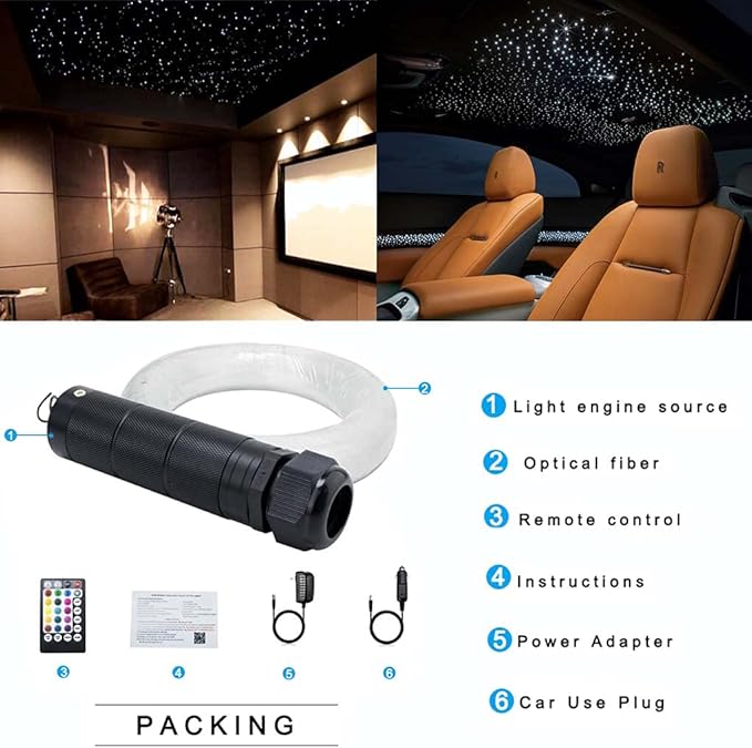 AZIMOM Car Use Bluetooth 6W RGBW LED Fiber Optic Lights Star Ceiling Light Kit APP Remote Controller 450pcs 0.03in 6.5ft Optic Cable Music Mode Sensory Lighting Indoor Home Interior Decoration
