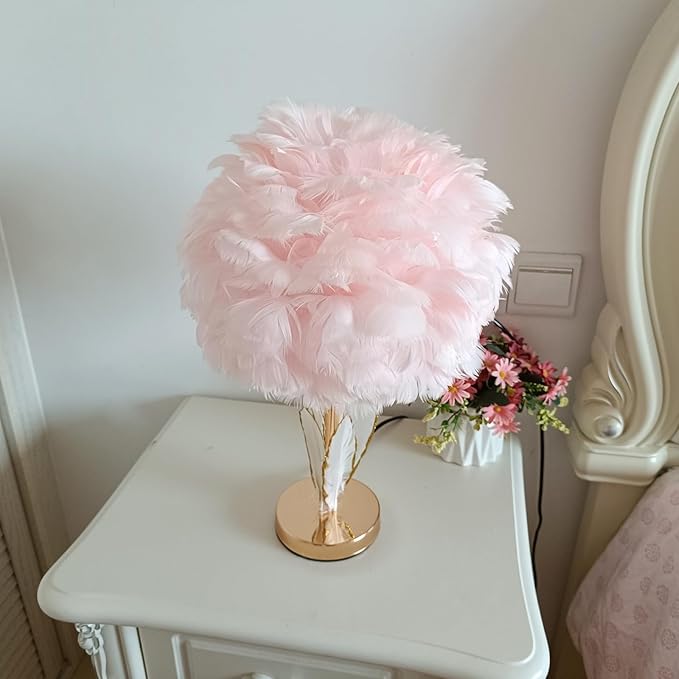 Pink Feather Lamp Goose Furry Table Lamp Princess Modern Fluffy Desk Lamp Simple Wedding Decor Romantic Bedside Night Light for Girl Bedroom Living Room Hotel