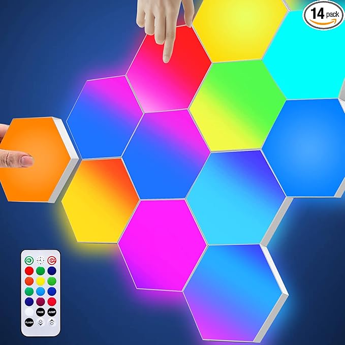 Amailtom Gaming LED Hexagon Lights Remote Controlled, RGB LED Wall Lights Touch Sensitve Hexagon Light Panels for Gaming Setup, 14 Geometric Wall Panels for Living Room/Bedroom/TV