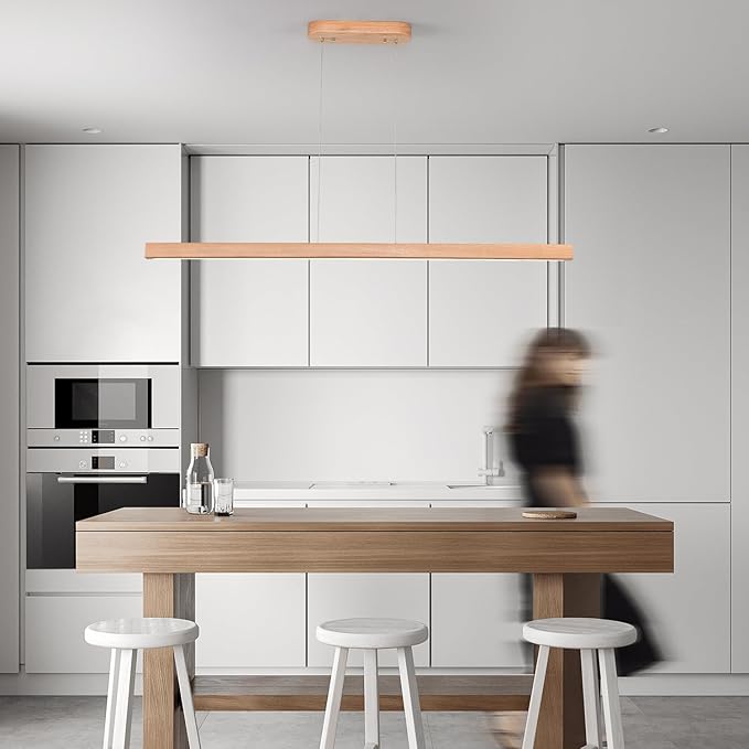 47" 36W 1-Light Wooden Led Linear Pendant Light Dimmable Led Chandelier Ceiling Hanging Light Fixtures Modern Chandeliers for Dining Room Kitchen Island Pool Table Lights Natural