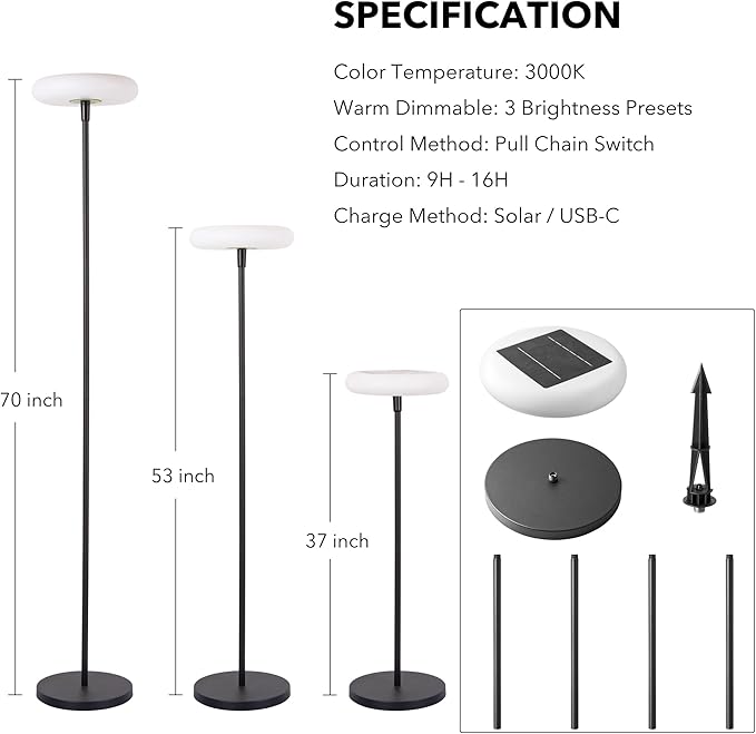 Outdoor Floor Lamp, 100% Solar Powered Floor Lamp for Patio Decks Lawn Pool Garden Outdoor Spaces, Fully Weatherproof