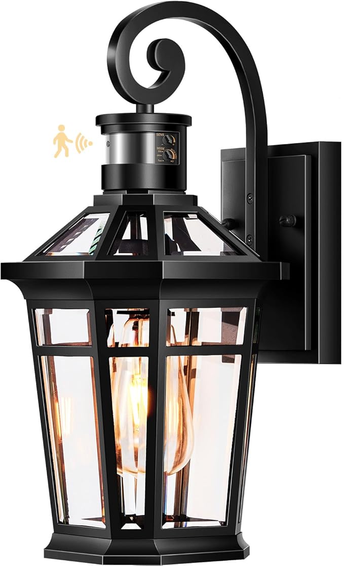 Motion Sensor Outdoor Wall Lights, Black Dusk to Dawn Porch Light Wall Mount, Exterior Lighting Fixtures, Outdoor Wall Sconce Lantern with Adjustable Sensor Range, Coach Lights for Garage Patio
