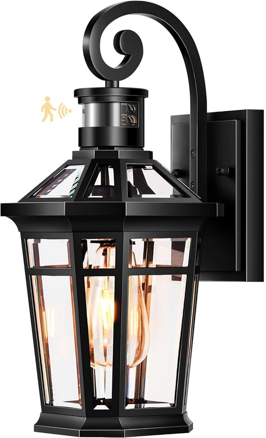 Motion Sensor Outdoor Wall Lights, Black Dusk to Dawn Porch Light Wall Mount, Exterior Lighting Fixtures, Outdoor Wall Sconce Lantern with Adjustable Sensor Range, Coach Lights for Garage Patio