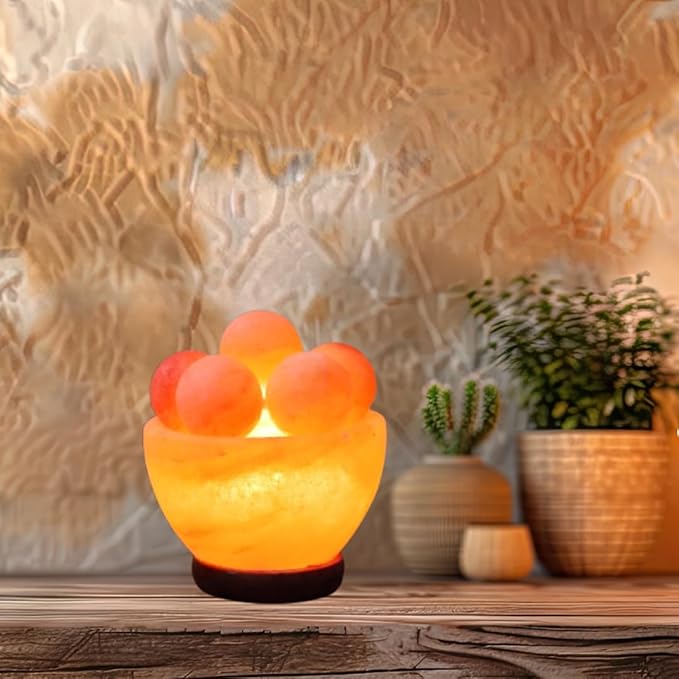 NB Himalayan Pink Salt Lamp Bowl with Salt Balls – Hand-Carved Crystal Rock Salt Lamp with Dimmer Switch & 2 Bulbs – Authentic from Pakistan – Soothing Amber Glow for Home & Office Décor
