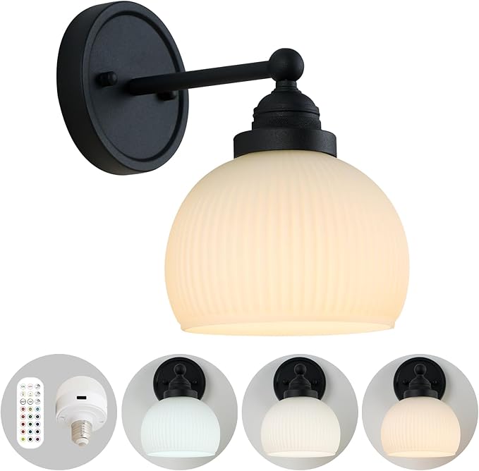 HEQIQEH Vintage Rechargeable Battery Operated Sconce Wall Lighting with Remote Control, Dimmable Ribbed White Glass Shade Wall Mounted Lamp Fixture for Bedroom Vanity Bathroom Living Room