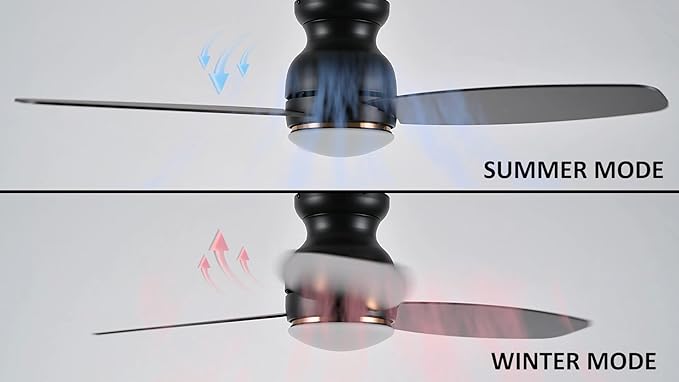 CEME 44 Inches Black Ceiling Fan with Light Flush Mount, DC 10 Speeds Silent Ceiling Fan with Remote, 3 Dual Finish Blades, 3 Light Colors Dimmable LED for Living Room, Bedroom